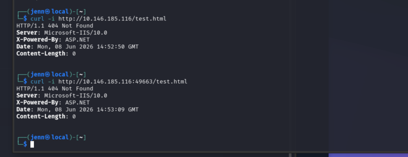 curl requests to port 80 and 49663 at web root returning 404